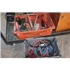Image 1 : TWO TOTES OF JACKS HYDRAULICS AND STAND AND JUMPER CABLES