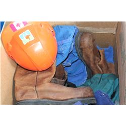 LARGE BOX OF COVERALLS BOOTS AND HARDHAT