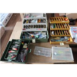 THREE TACKLE BOXES WITH CONTENTS AND TWO SMALL TOTES OF LURES