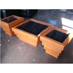 THREE PIECE OAK COFFEE TABLE SET WITH SHADOW BOX GLASS TOP STORAGE