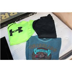 TWO MENS SIZE XL UNDER ARMOUR HOODIES AND VANCOUVER GRIZZLIES SHIRT