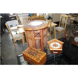 FOLDING EASTERN TABLE AND CARVED EASTERN BOX AND CUCKOO CLOCK NO WEIGHTS