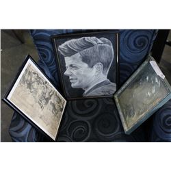 CHARCOAL JFK DRAWING AND LEP ENGRAVING AND ENGRAVING AND METAL PORTRAIT