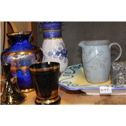 SHELF OF VASES AND PLATTER