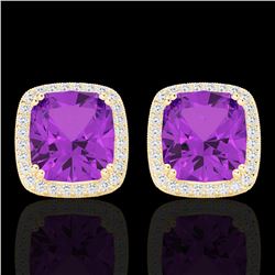 6 CTW Amethyst & Micro Pave VS/SI Diamond Halo Solitaire Earrings 18K Yellow Gold - REF-77H3A - 2279