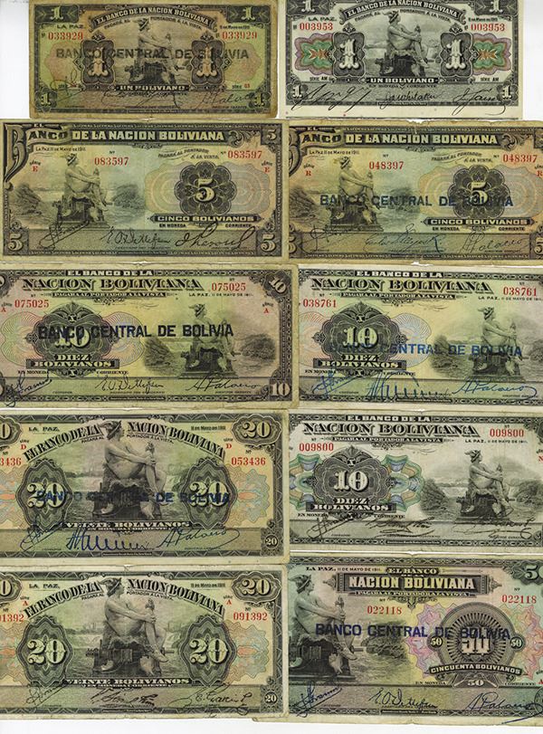 BOLIVIA LOT 5x 1 BOLIVIANO 1911 OVERPRINTED FINE CONDITION