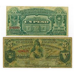 Banco Nacional de la Republica de Colombia, 1886 Issued Banknote Pair.