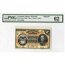 Banco Nacional de La Republica de Colombia, 1888, 1 Peso Proof Banknote.