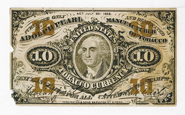 tobacco currency Adolph Pearl Manufacturer of Tobacco, ca.1860-70's Fractional Look-alike Ad Note tobacco currency Adolph Pearl Manufacturer of Tobacco, ca.1860-70's Fractional Look-alike Ad Note
