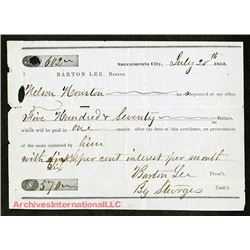 Barton Bank 1850 Deposit Slip Dated July 20th, 1850, Almost 6 weeks before California Received State