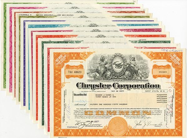 Chrysler Corporation Stock Price Chrysler Corp., Lot of 11 different Stock Certificate Designs