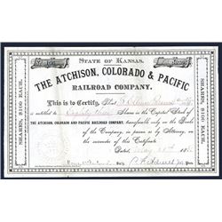 Atchison, Colorado & Pacific Railroad Co. I/U Stock Certificate.