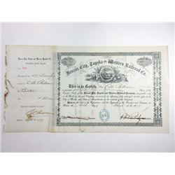 Kansas City, Topeka and Western Railroad Co., 1879 Issued Stock Certificate.