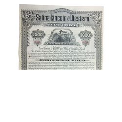 Salina, Lincoln and Western Railway Co., 1885 Specimen Coupon Bond.