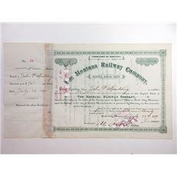 Montana Railway Co., 1889 Issued Stock Certificate.