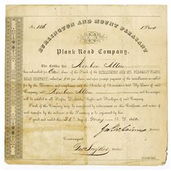 Burlington and Mount Pleasant Plank Road Co., 1850 Issued Stock Certificate
