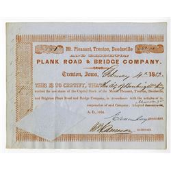 Mt. Pleasant, Trenton, Deedsville and Brighton Plank Road & Bridge Co. 1851 Issued Stock Certificate