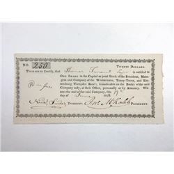 Westminster, Taney-Town, and Emmitsburg Turnpike Road, 1816 Issued Stock Certificate