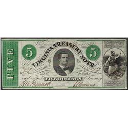 1862 $5 Virginia Treasury Obsolete Note