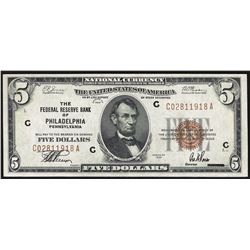 1929 $5 Federal Reserve Bank Note Philadelphia