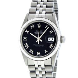 Rolex Mens Stainless Steel Black Roman Datejust Wristwatch