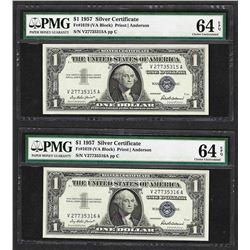 Lot of (2) Consecutive 1957 $1 Silver Certificate Notes PMG Choice Uncirculated