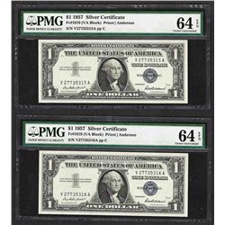 Lot of (2) Consecutive 1957 $1 Silver Certificate Notes PMG Choice Uncirculated