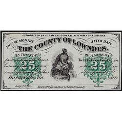 1866 Twenty-Five Cents County of Lowndes Obsolete Note