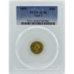 1854 $1 Indian Princess Head Gold Dollar Coin Type 2 PCGS AU50