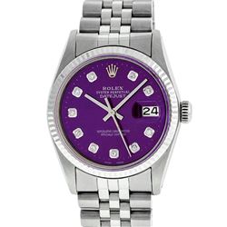 Rolex Mens 36mm Stainless Steel Purple Diamond Datejust Wristwatch