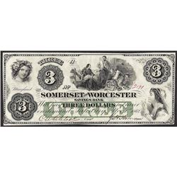 1862 $3 The Somerset and Worcester Savings Bank Obsolete Note