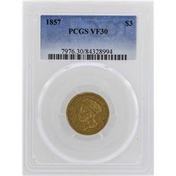 1857 $3 Indian Princess Head Gold Coin PCGS VF30