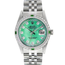 Rolex Mens Stainless Steel Green MOP String Diamond & Emerald Datejust Wristwatc