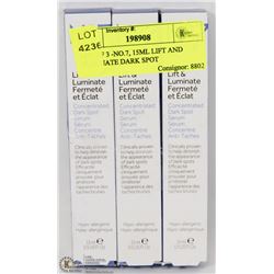 LOT OF 3 -NO.7, 15ML LIFT AND LUIMINATE DARK SPOT
