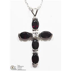 3)STERLING SILVER GARNET CROSS PENDANT W/ CHAIN