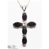 Image 1 : 3)STERLING SILVER GARNET CROSS PENDANT W/ CHAIN