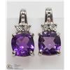 Image 1 : 27) STERLING SILVER AMETHYST W/DIAMOND EARRINGS