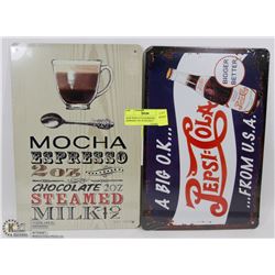 NEW PEPSI COLA & MOCHA ESPRESSO TIN SIGNS 8X12.