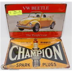 NEW CHAMPION SPARK PLUGS & VW BEETLE TIN SIGNS