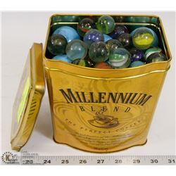 OLD TIN FULL OF MARBLES