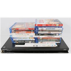 SONY BLURAY PLAYER WITH REMOTE AND 20 BLU RAY
