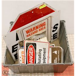 BOX OF ASSORTED METAL SIGNS.