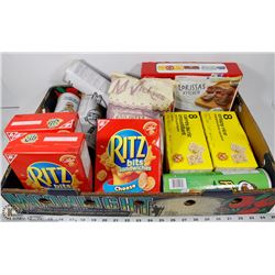 BOX OF ASSORTED CHIPS, CHOCOLATE BARS, AND MORE