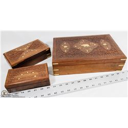 3 TEAK WOOD CARVED KEEPSAKE BOXES