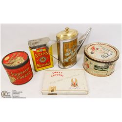 5 VINTAGE TINS.