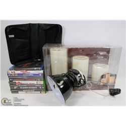 LOT WITH LED CANDLES , DVDS AND XBOX GAMES