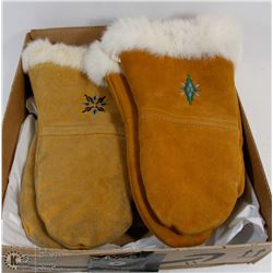 2 PAIRS OF LEATHER AND FUR MITTENS SIZE LARGE WITH