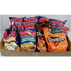 BOX WITH 12 LARGE BAGS OF ASSORTED CHIPS