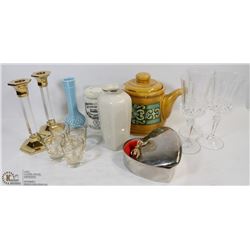 BOX OF CANDLE HOLDERS/TEA POT/GLASSES & ETC.