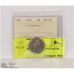 1922 CANADIAN 5 CENT ICCS AU50.